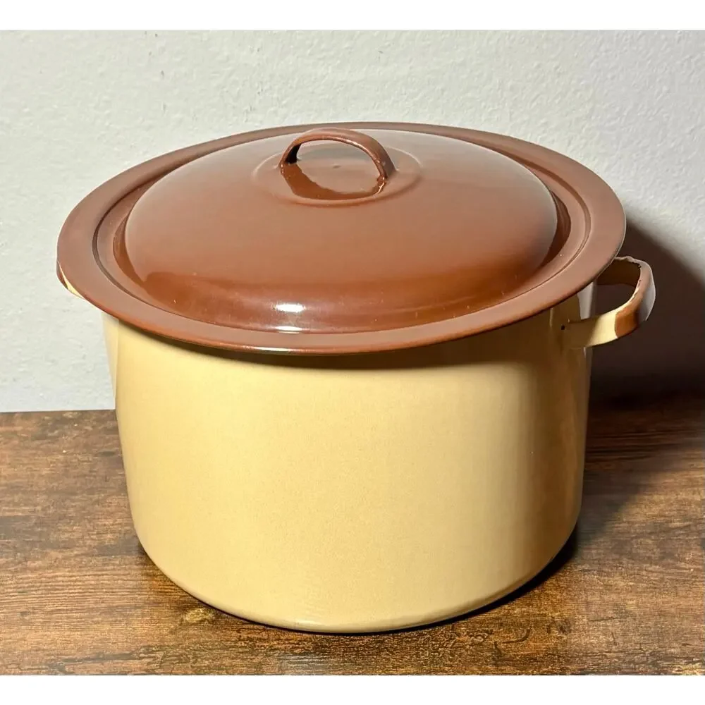 New Vintage 1979 Stock Pot With Lid #1530 Chocolate/Almond Enamel 11Qt 7oz